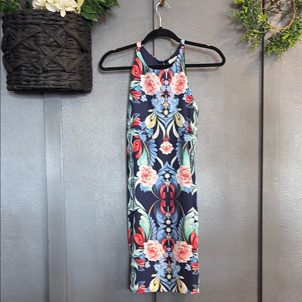 Green and Blue Sleeveless Halter Midi Sheath Dress for Cocktail